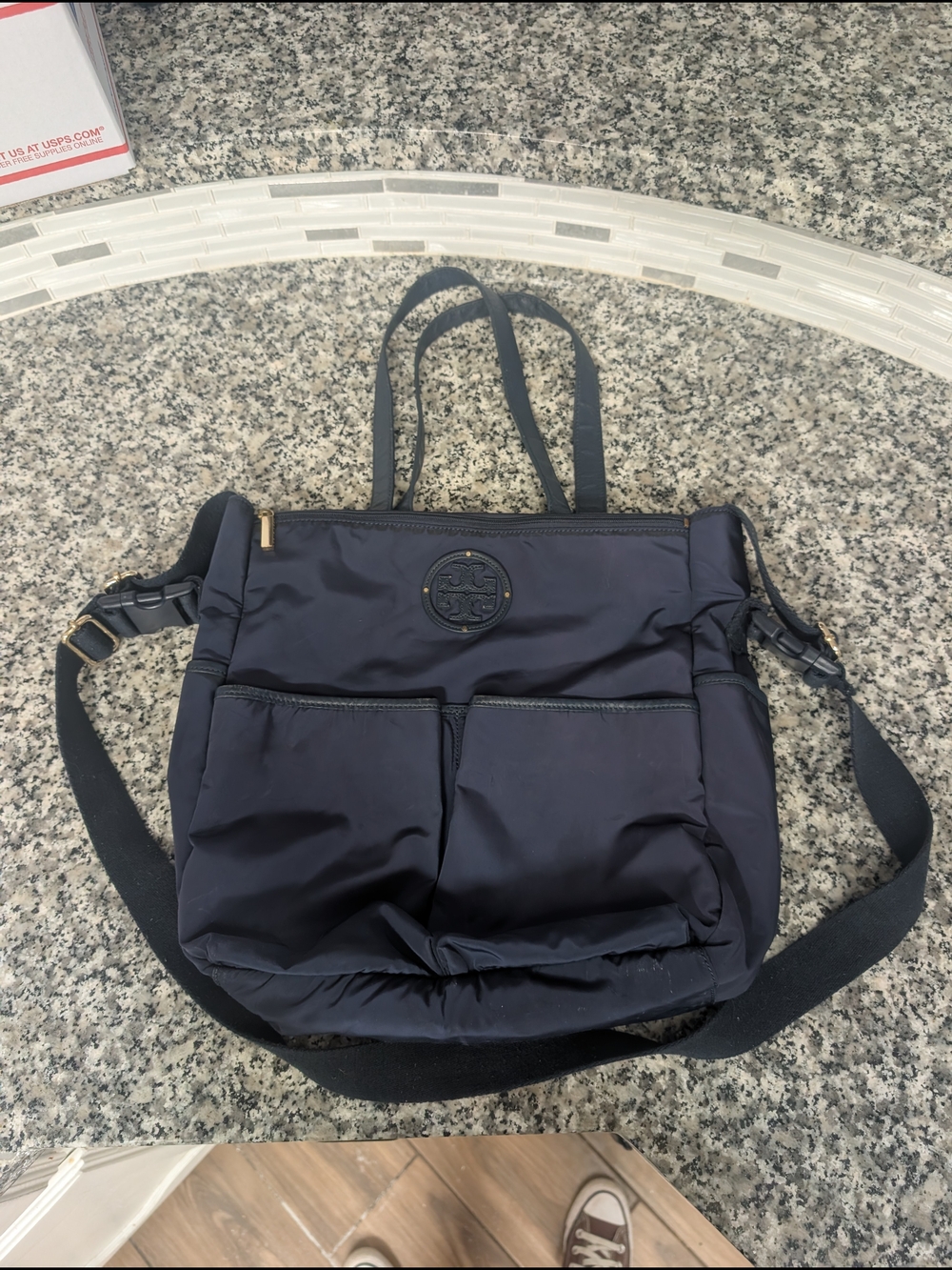 Tory Burch Navy Nylon Tote with Gold Accents